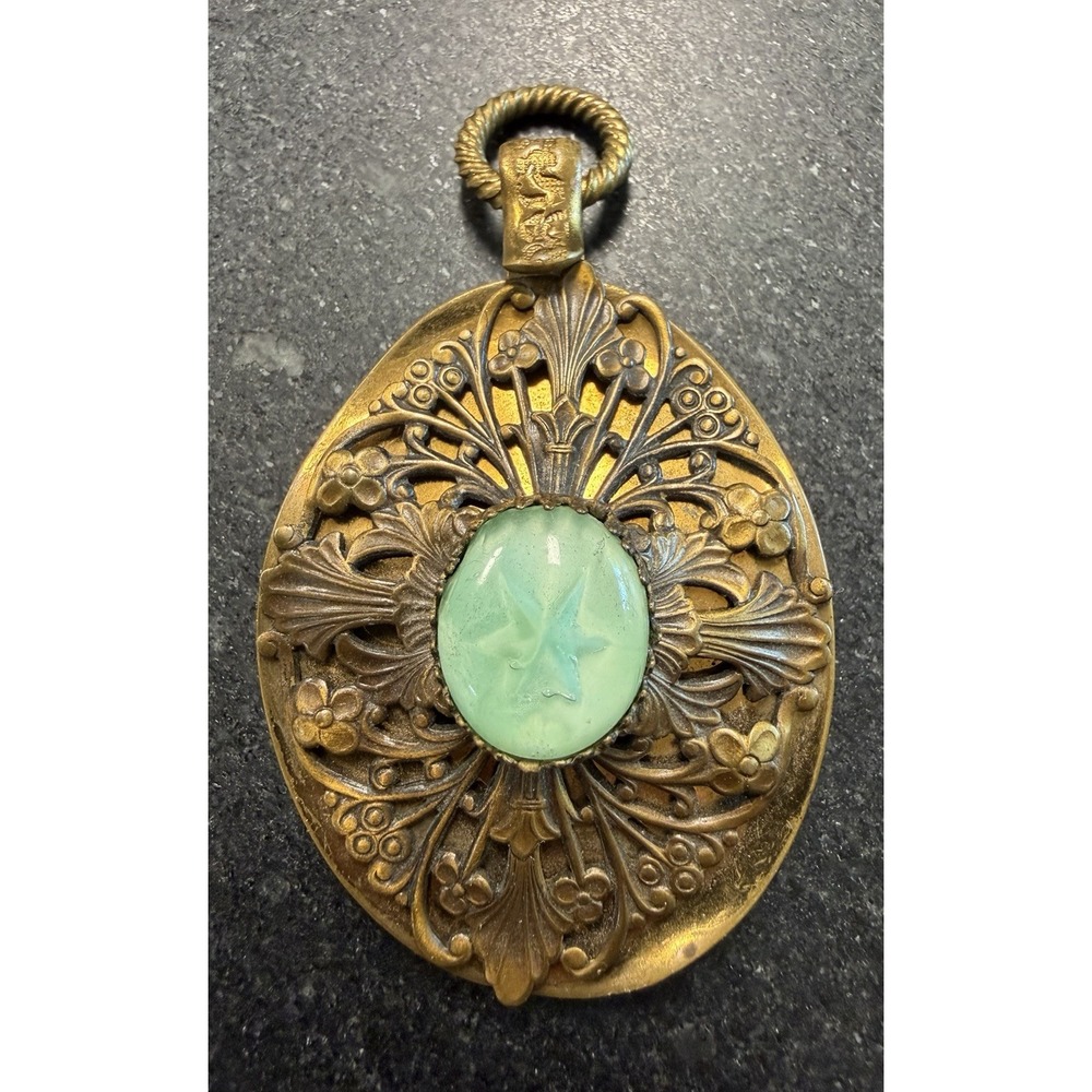 Vintage Art Nouveau Brass Pendant 3" Green Glass Cabochon Floral Ornate Large